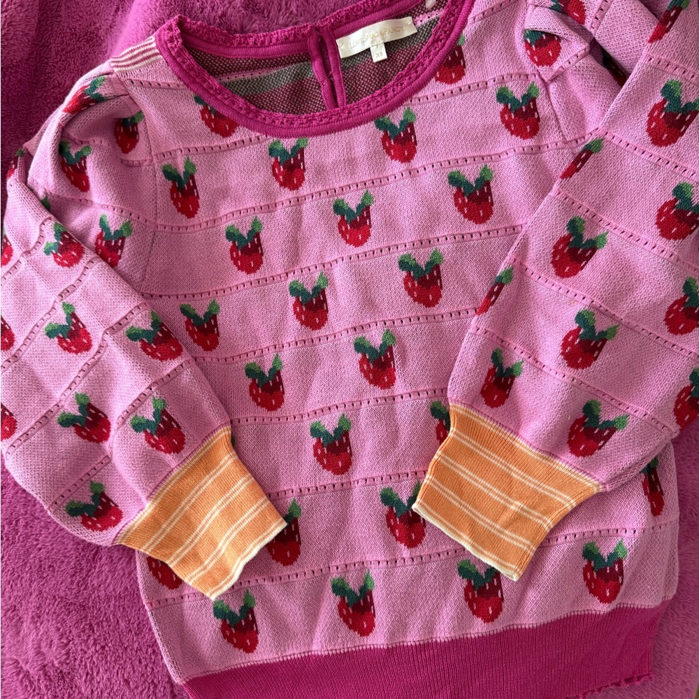 LOVESHACKFANCY Strawberry Patterned Pink Sweater